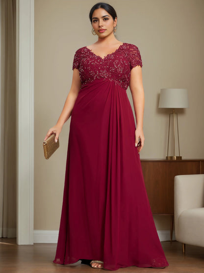 roselledress burgundy plus size mother of the bride dress v‑neck short sleeve beaded lace bodice chiffon floor‑length formal gown