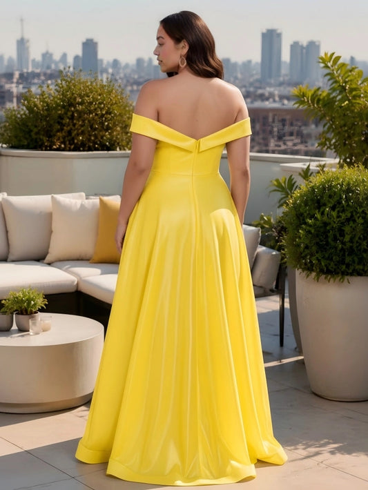 Roselledress bright yellow long evening gown back view, off shoulder zipper closure plus size wedding guest maxi dress
