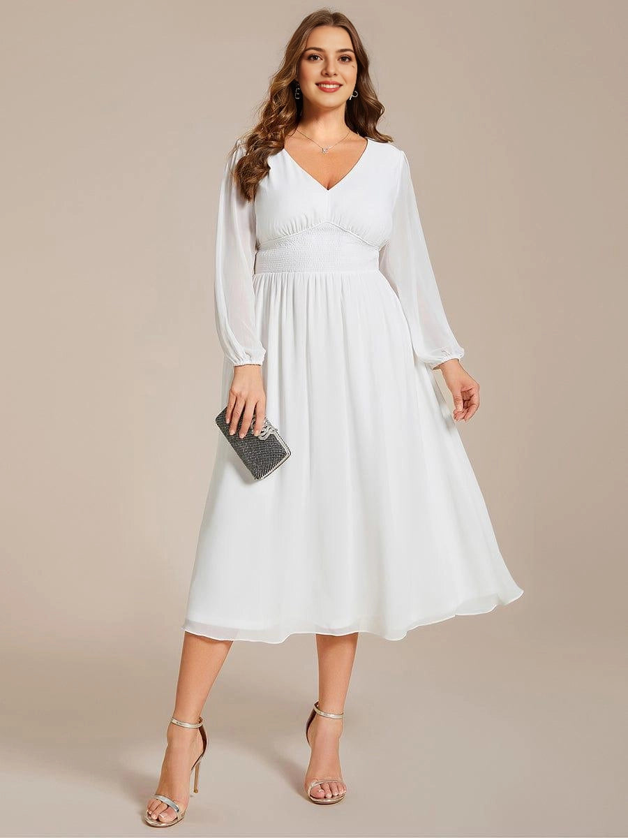 Roselledress Emerald A-Line V-Neck Lantern-Sleeve Solid-Zip-Back Midi Plus Size Weeding Guest Dress