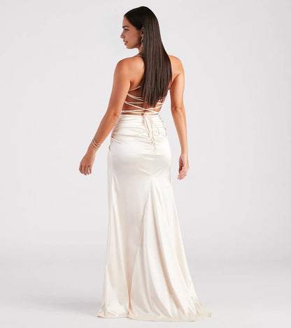 Slim Maxi Spaghetti Lace-Up Back Ruched Long Prom Dress