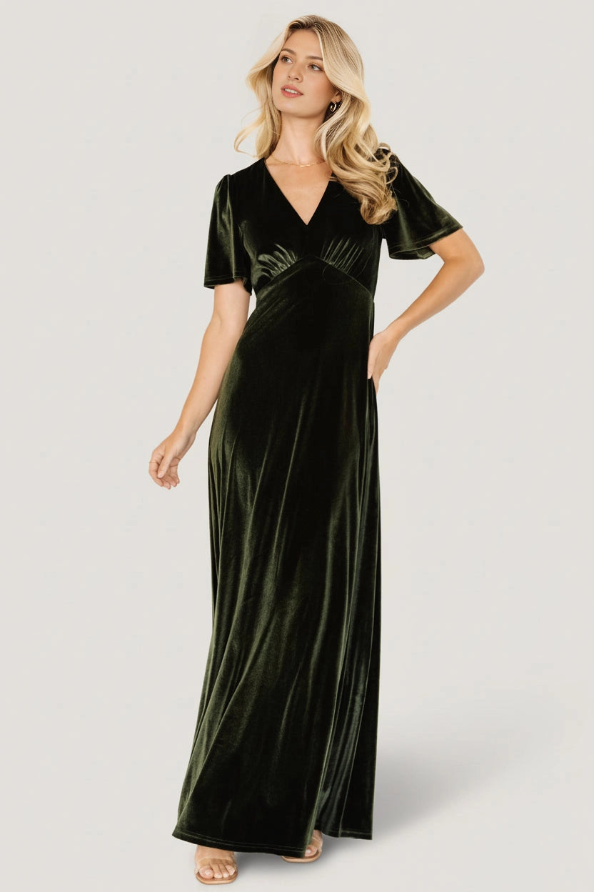 Elegant A‑Line V‑Neck Short‑Sleeve Keyhole‑Back Floor‑Length Mother Of Bride Dress