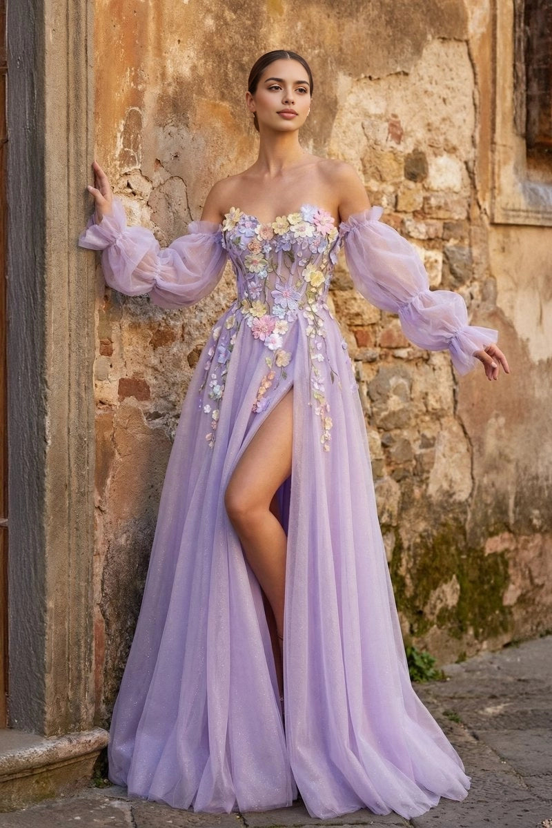 Roselledress lavender glitter tulle prom gown sweetheart puff sleeve 3D floral high slit long dress