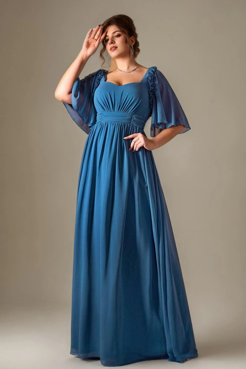 Plus Size Dusty Blue A Line Sweetheart Flutter Sleeve V‑Zip Back Long Prom Dress 