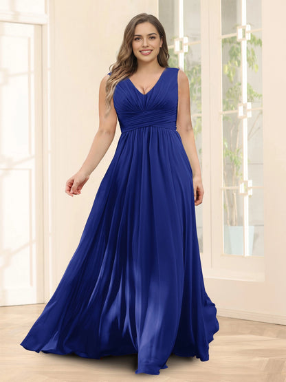 Flowy A‑Line V‑Neck Sleeveless V‑Back Floor‑Length Terracotta Chiffon Plus Size Mother Of The Bride Dress