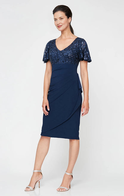 roselledress navy sequin mesh sheath mother of the bride dresses front view v neck flutter sleeve ruched waist knee length crepe formal gown
