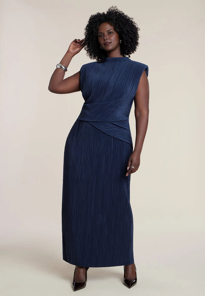 Roselledress Elegant Sheath High Neck Cap Sleeve Zip-Back Midi Plus Size Wedding Guest Dress