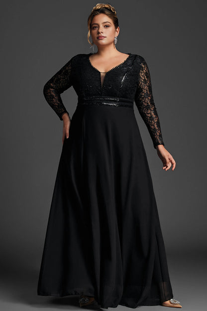 Roselledress black sequin lace plus size mother gown deep v long sleeve chiffon maxi dress full front shot
