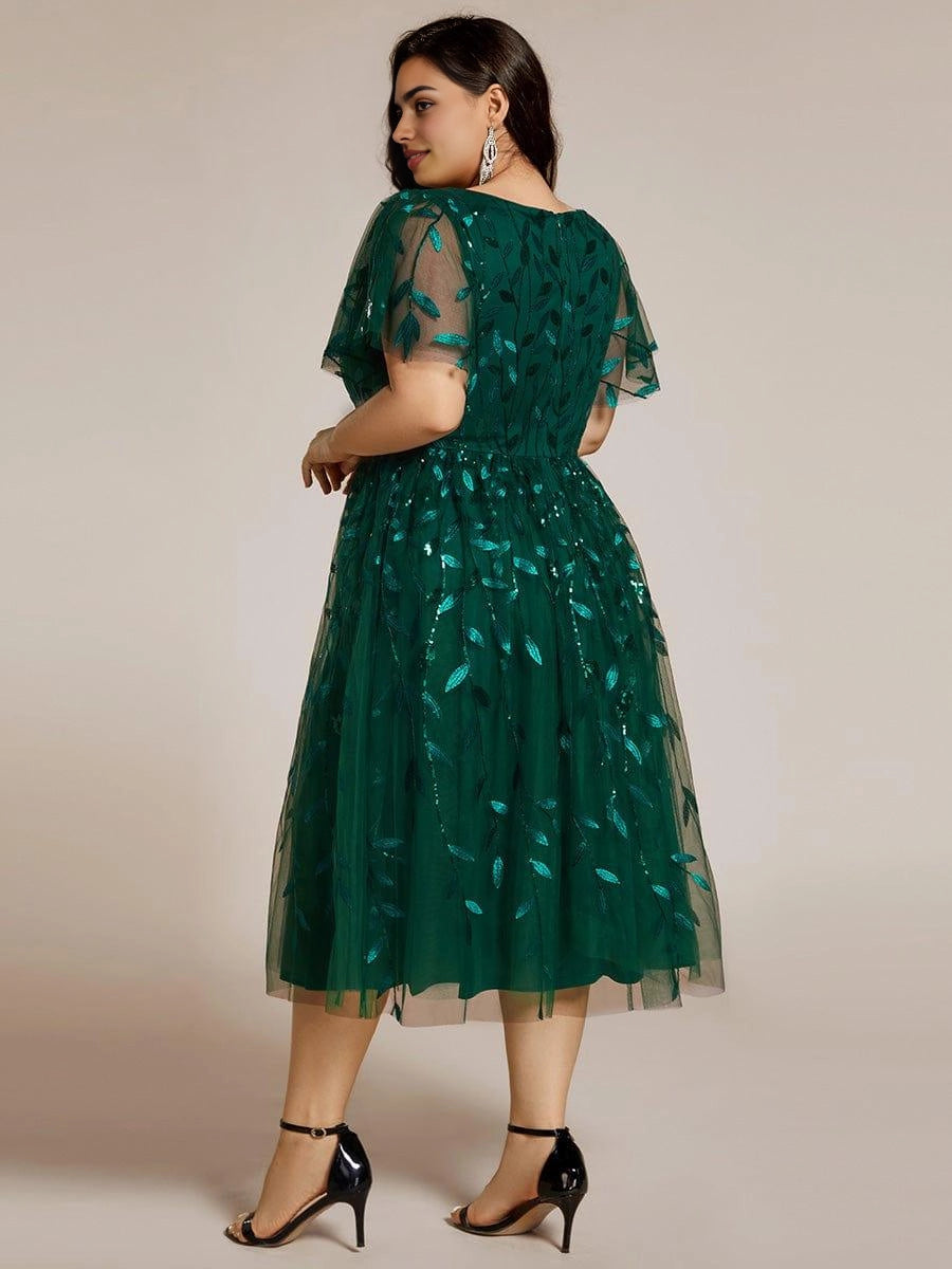 Roselledress Burgundy Leaf Sequin V-Neck Flutter Sleeve Zip Back Midi Plus Size Weeding Guest Dress
