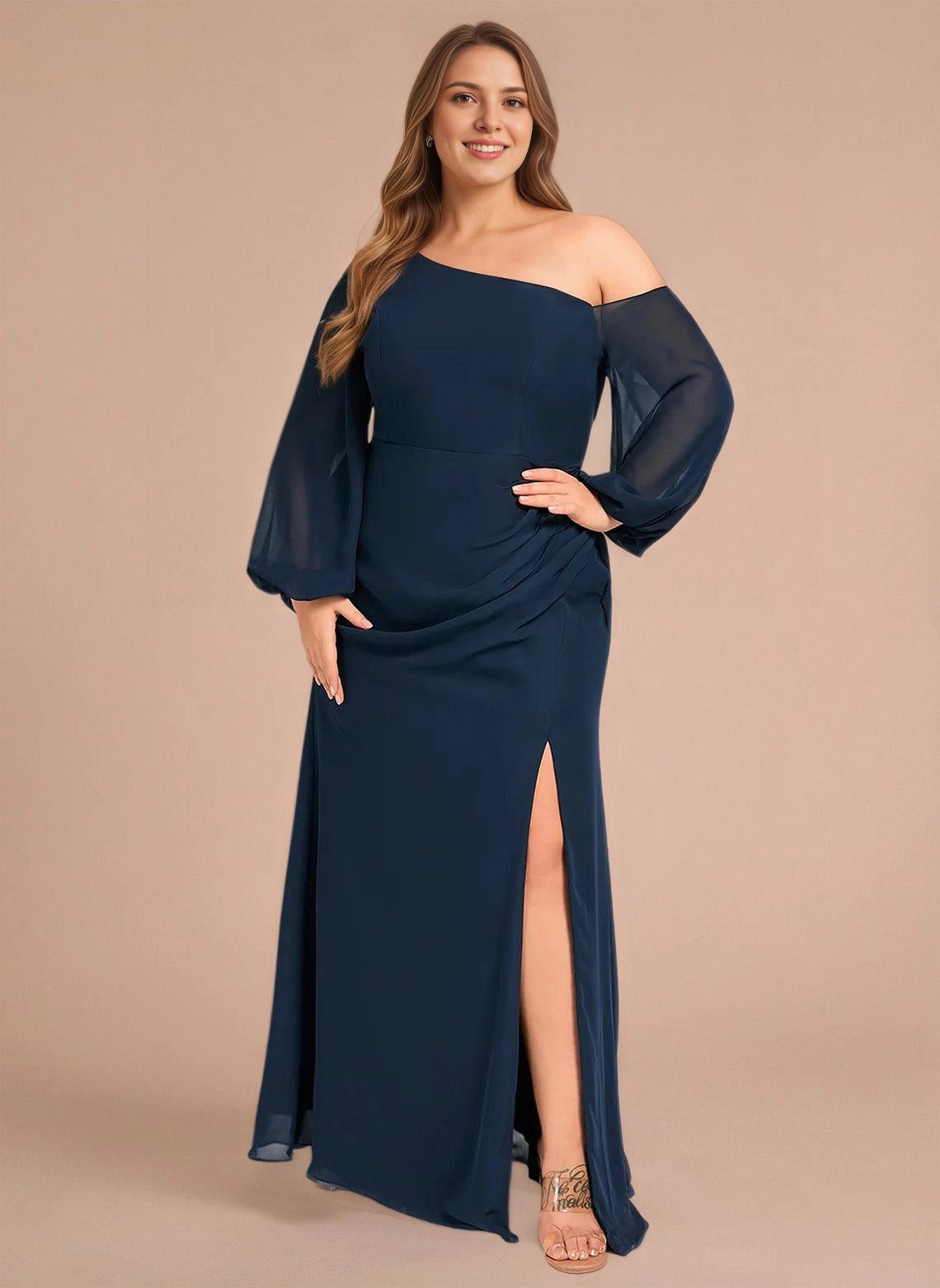 Roselledress navy plus size chiffon bridesmaid dress one shoulder long sleeve side slit front view