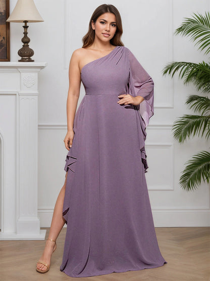 Elegant A‑Line One‑Shoulder Chiffon Cape‑Sleeve Open‑Back Floor‑Length Formal Plus Size Mother Of The Bride Dress