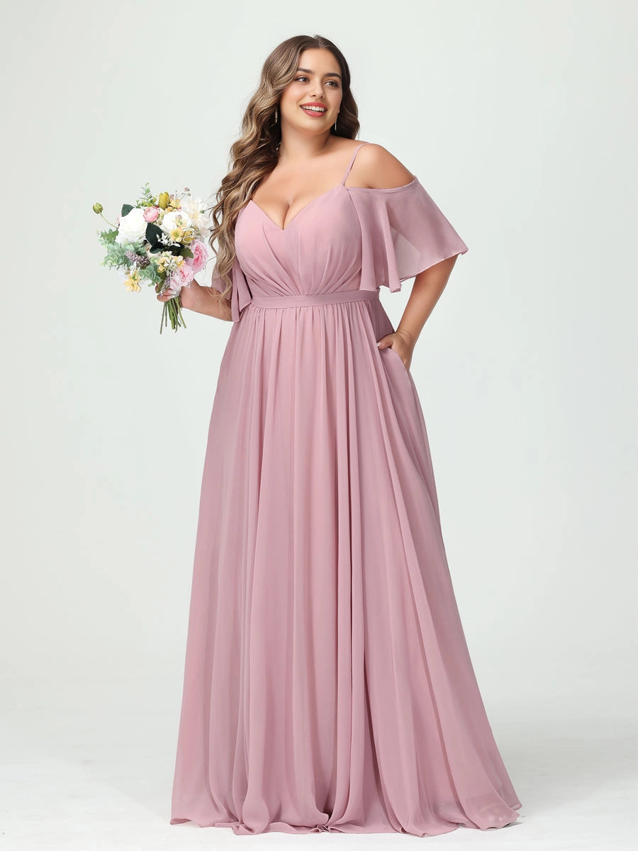 roselledress dusty pink chiffon plus size bridesmaid dress off shoulder flutter sleeve v neck with side pockets spring garden wedding maxi gown