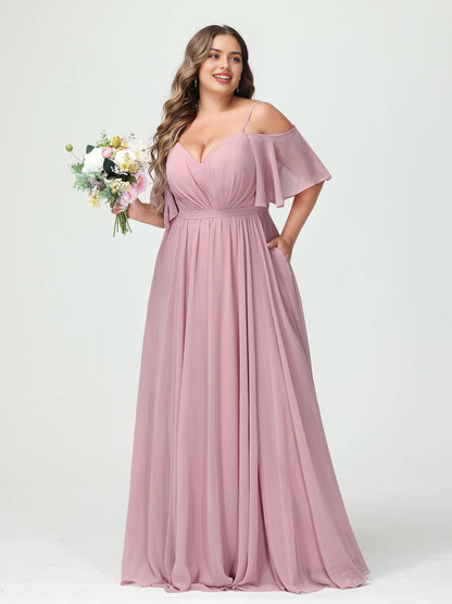 roselledress dusty pink chiffon plus size bridesmaid dress off shoulder flutter sleeve v neck with side pockets spring garden wedding maxi gown