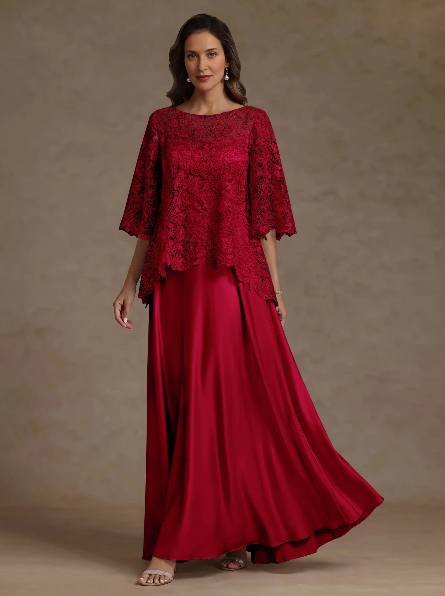 Elegant A-Line Round Neck Flounce-Sleeve Closed-Back Floor-Length Mother of the Bride Dresses