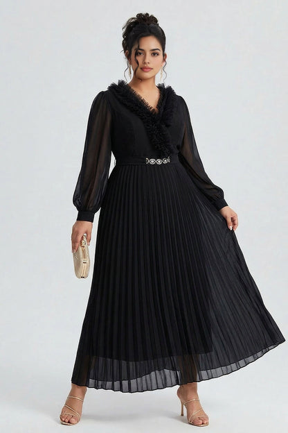 Black Plus Size A-Line V Neck Long Sleeve Solid Back Midi Prom Dress