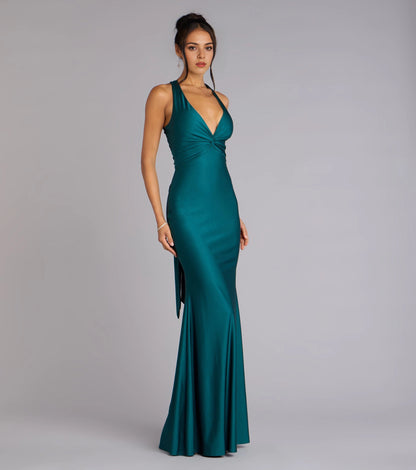 Sleek Mermaid Halter Sleeveless Tie Bow Back Maxi Prom Dress