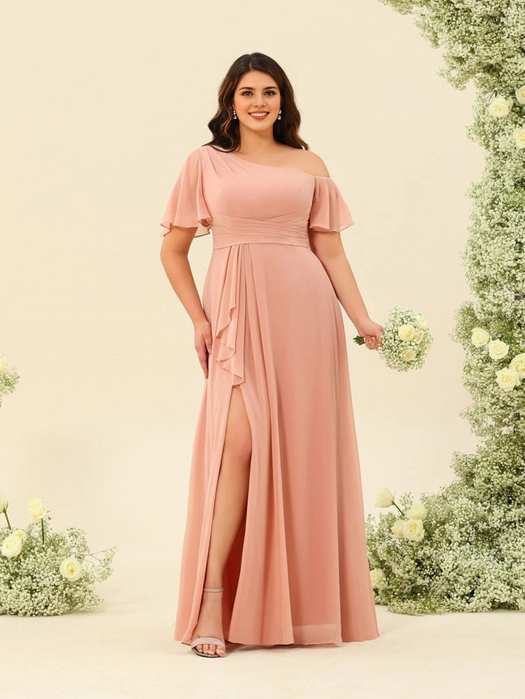 Roselledress Dusty Pink A Line One Shoulder Flutter Sleeve Zip Back Maxi Plus Size Bridesmaid Dress 