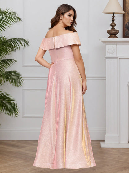 Back view Roselledress rose gold glitter formal dress, plus size mother of bride gown with off‑shoulder fold collar and center back zipper