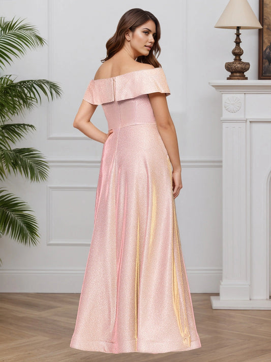 Back view Roselledress rose gold glitter formal dress, plus size mother of bride gown with off‑shoulder fold collar and center back zipper
