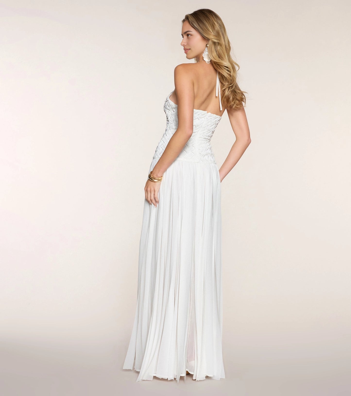 back view Roselledress textured halter tie open back white chiffon elopement long dress