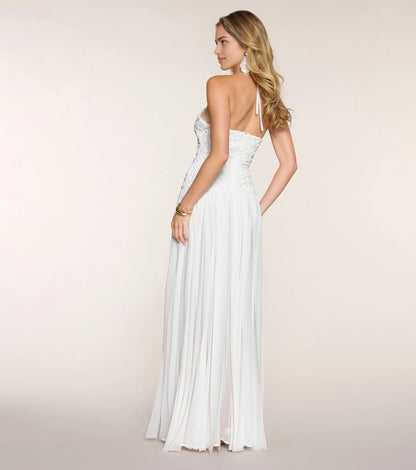 back view Roselledress textured halter tie open back white chiffon elopement long dress