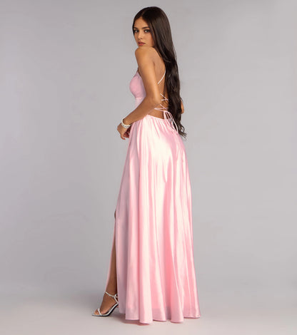 Shiny A-Line Cowl Spaghetti Strap Lace Up Back Slit Maxi Prom Dress