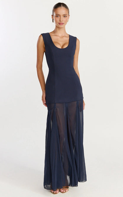 Minimalist Sleeveless U Neck Back Zipper Chiffon Overlay Plus Size Maxi Wedding Guest Dress 