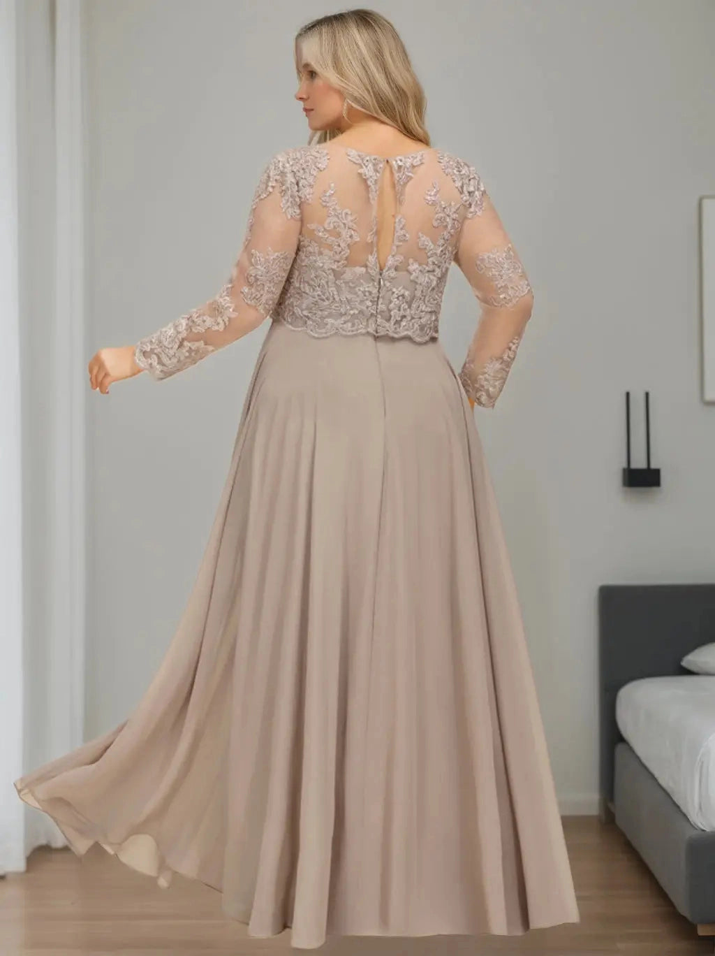 roselledress curve sheer lace keyhole back zipper long sleeve formal mother wedding dress