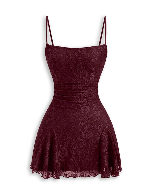 Plus size burgundy lace homecoming dress with thin adjustable straps and straight lined back
