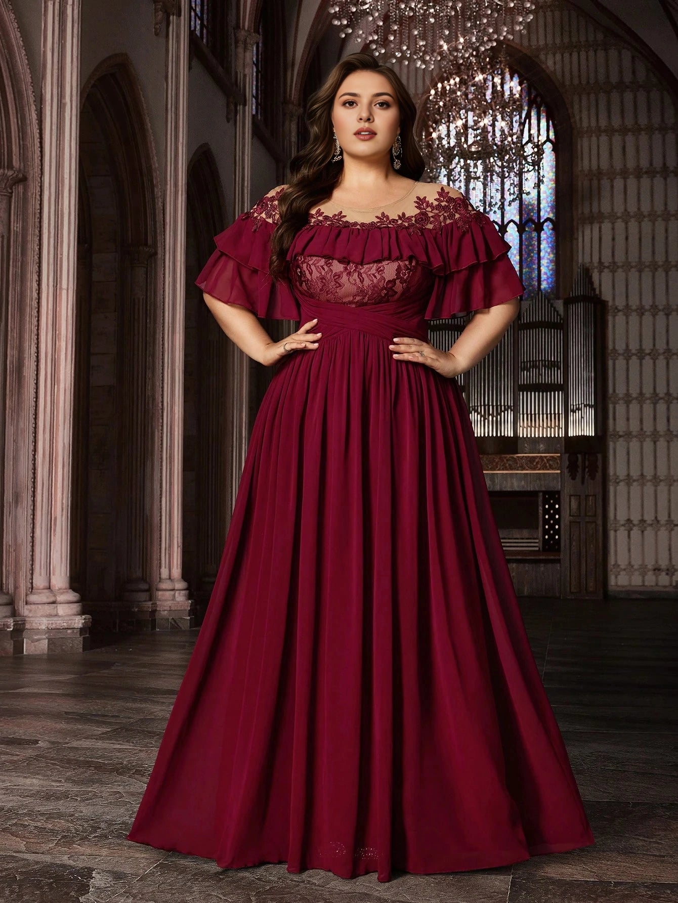 Burgundy Plus Size A‑Line Off‑Shoulder Ruffle‑Short‑Sleeve Illusion‑Back Floor‑Length Prom Dress
