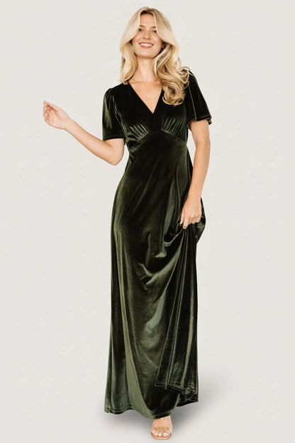 roselledress olive green velvet mother of bride dress v neck short sleeve a line floor length formal gown