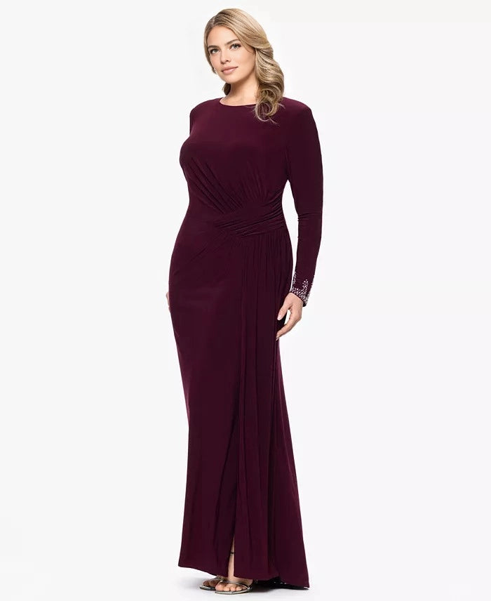 Roselledress Elegant Sheath Boat‑Neck Long‑Sleeve Zip‑Back Maxi Plus Size Mother Of Bride Dress