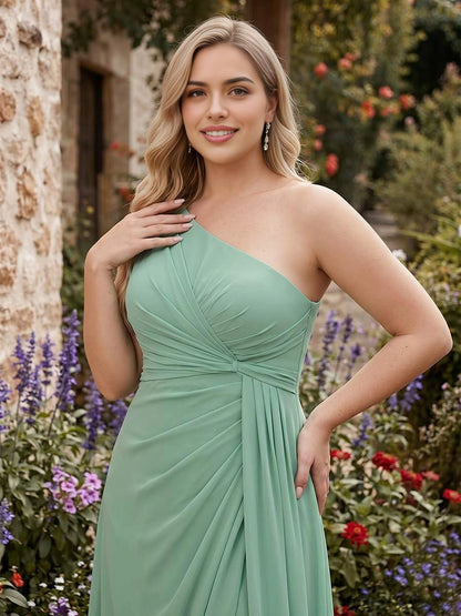 Elegant A‑Line One‑Shoulder Sleeveless Solid Back Floor‑Length Mint Green Chiffon Slit Plus Size Mother Of The Bride Dress