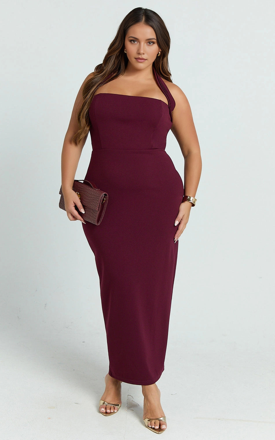 Elegant Sheath Halter Plunge Open Back Zipper Back Plus Size Slit Midi Wedding Guest Dress
