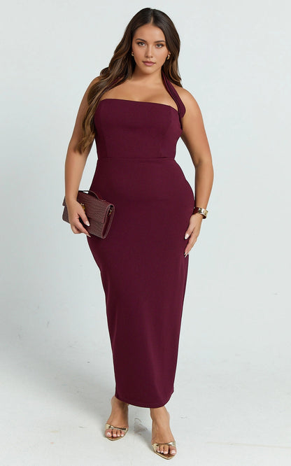 Elegant Sheath Halter Plunge Open Back Zipper Back Plus Size Slit Midi Wedding Guest Dress