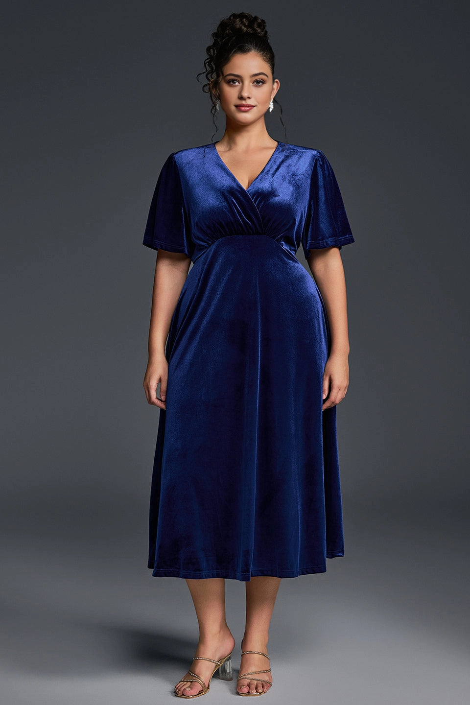 Luxurious A-Line V-Neck Short-Sleeve Solid-Back Midi-Length Plus Size Mother Of Bride Dress