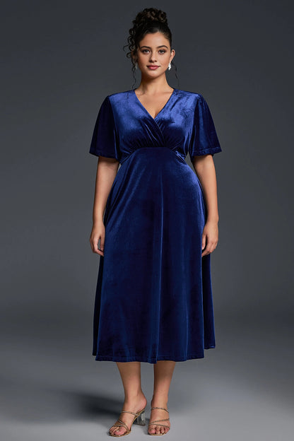 Luxurious A-Line V-Neck Short-Sleeve Solid-Back Midi-Length Plus Size Mother Of Bride Dress