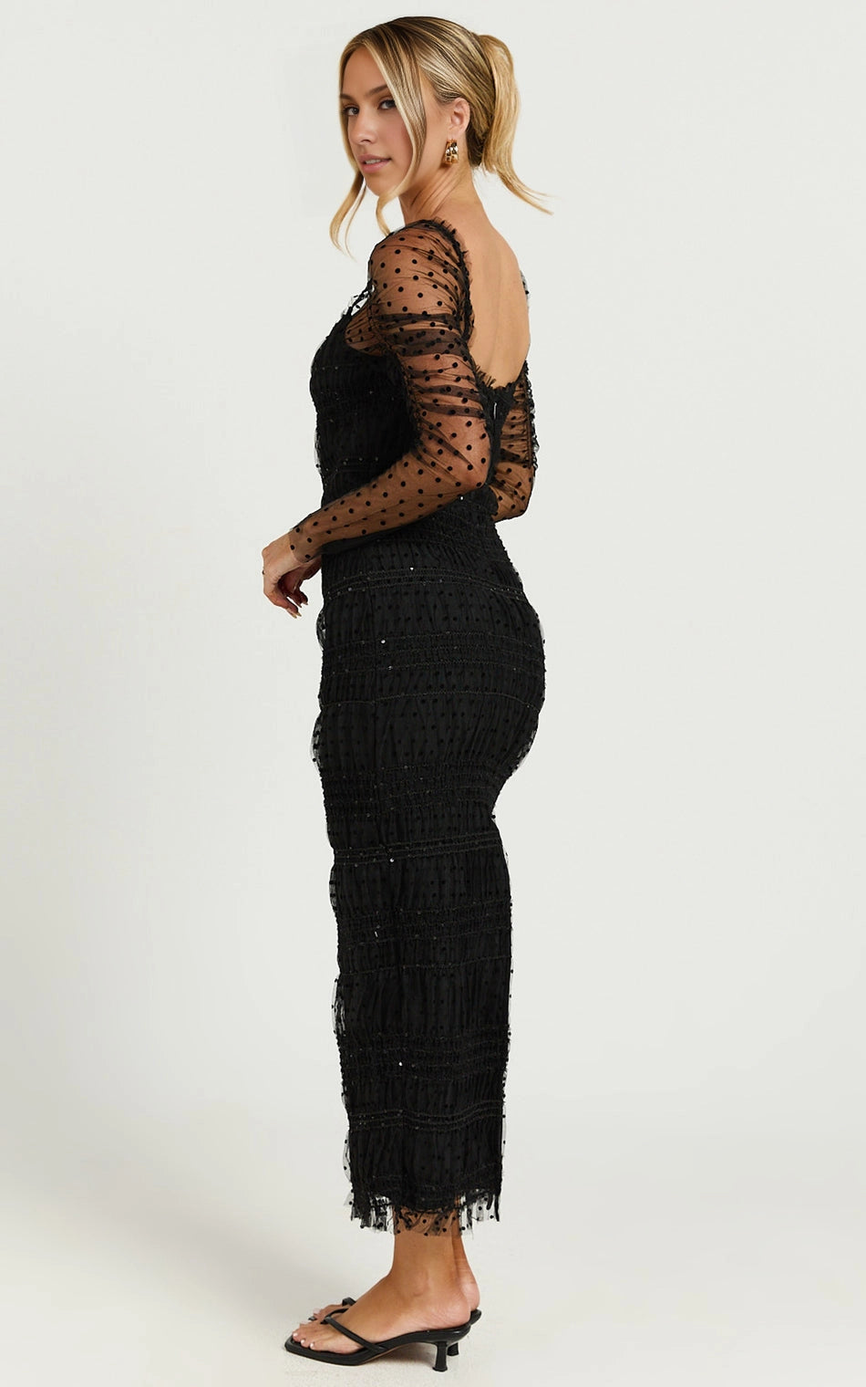 Roselledress sheer polka dot tulle midi plus size dress back view, low back zipper party formal dress