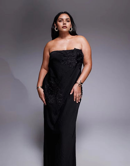 Roselledress Lace Appliqué Column Strapless Sleeveless Zip‑Back Maxi Plus Size Wedding Guest Dress