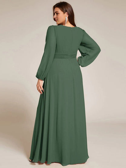 Roselledress Flowy A-Line Scoop-Neck Lantern-Sleeve V-Zip-Back Maxi Plus Size Weeding Guest Dress