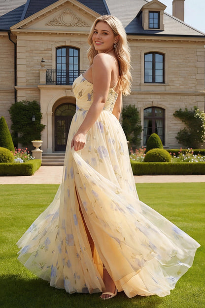 Plus Size Floral‑Print A‑Line One‑Shoulder Single‑Strap Zip‑Back Floor‑Length Prom Dress