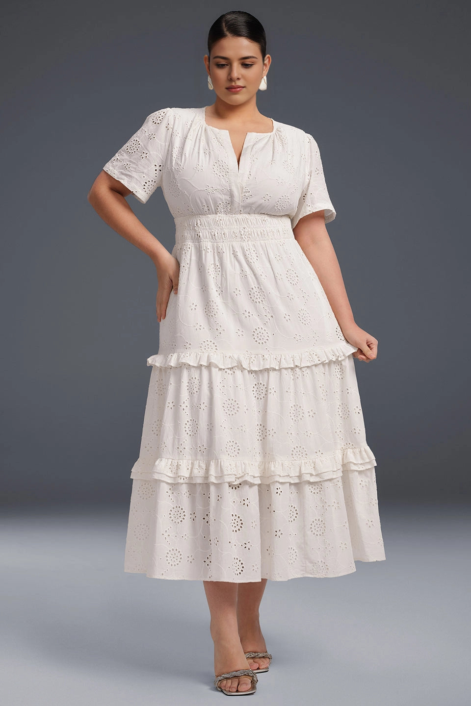 Plus Size White A‑Line Notch Neck Short Sleeve Solid‑Back Midi Prom Dress