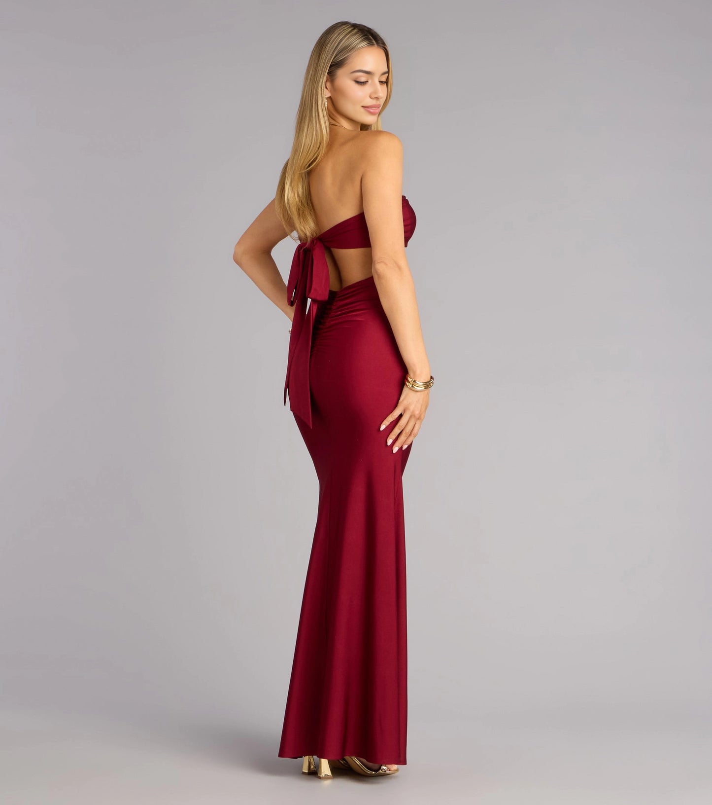 roselledress open back tie bow ruched burgundy strapless formal evening gown