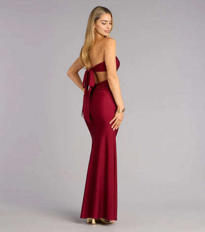 roselledress open back tie bow ruched burgundy strapless formal evening gown