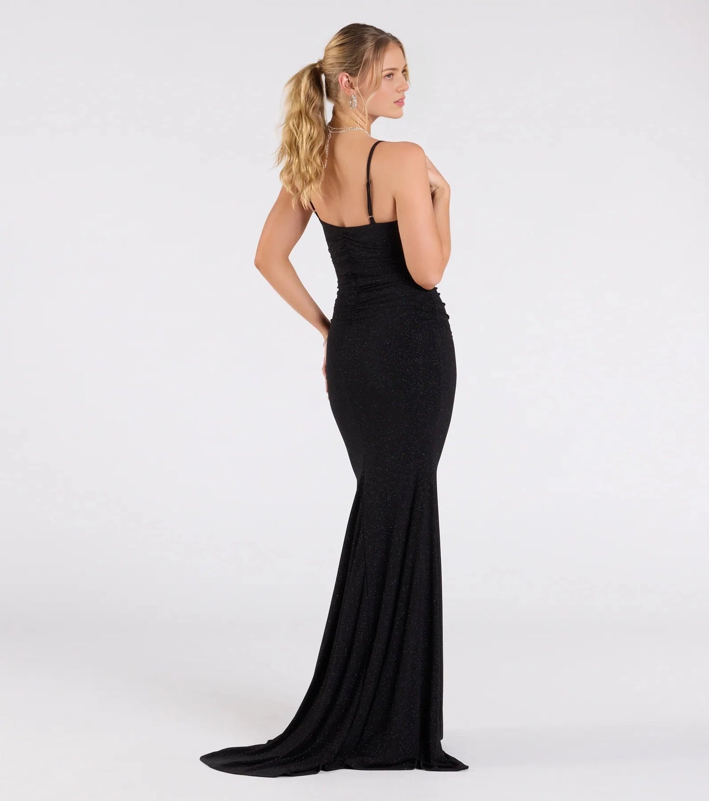 Roselledress elegant evening dress adjustable thin strap back zipper small train formal maxi dress back photo