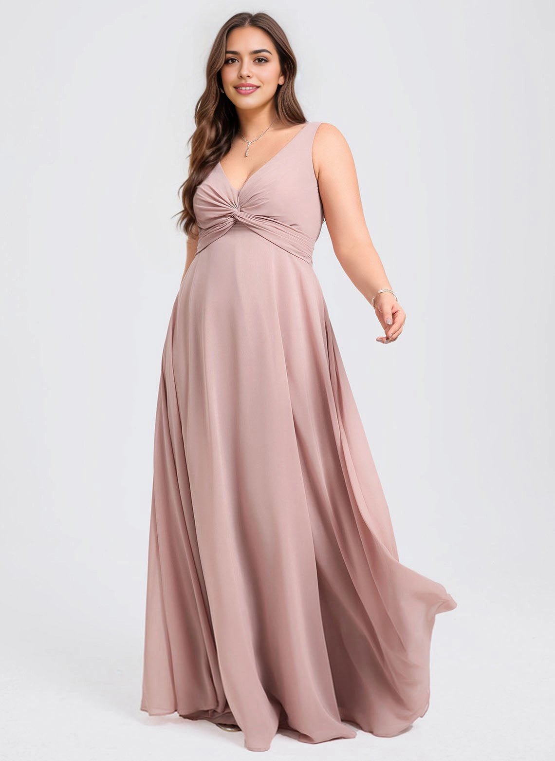 Roselledress Dusty Rose Chiffon Twist V-Neck Sleeveless V-Back Maxi Plus Size Weeding Guest Dress