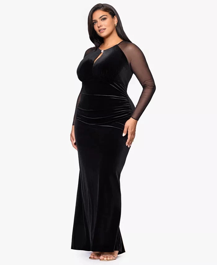 Black Plus Size Velvet Mesh Long Sleeve Keyhole Maxi Wedding Guest Dress