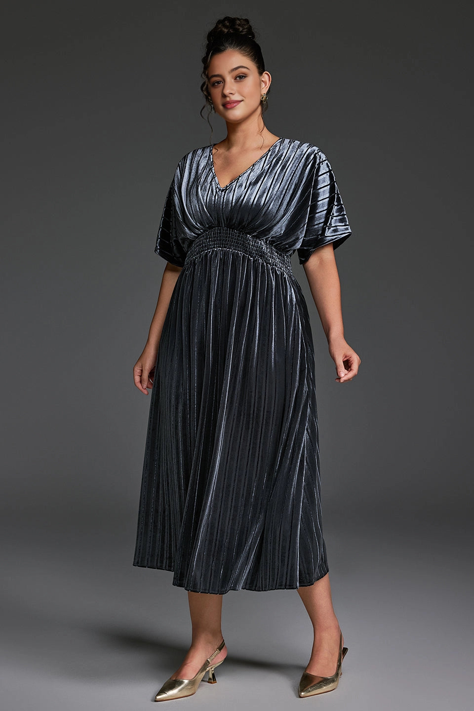Shiny Plus Size A-Line V-Neck Dolman-Sleeve Solid-Back Midi-Length Mother Of Bride Dress