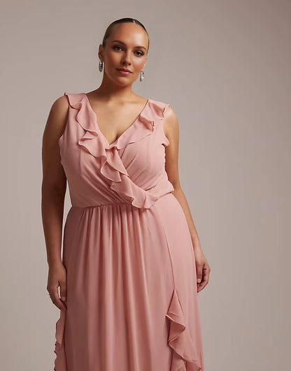 V‑Neck Ruffled Chiffon Sleeveless Empire Waist Ruffle‑Trim Maxi Plus Size Wedding Guest Dress