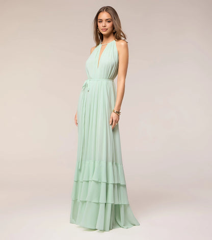 Mint A-Line Halter Keyhole Sleeveless Pleated Back Floor-Length Prom Dress