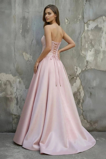 Roselledress elegant formal gown strapless corset lace up open back full train satin evening dress back view photo